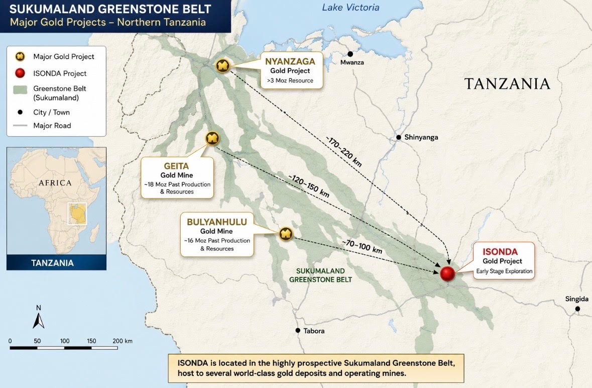 Map of the Sukumaland Greenstone Belt showing the Isonda Gold Project relative to the Geita, Bulyanhulu and Nyanzaga gold projects in northern Tanzania